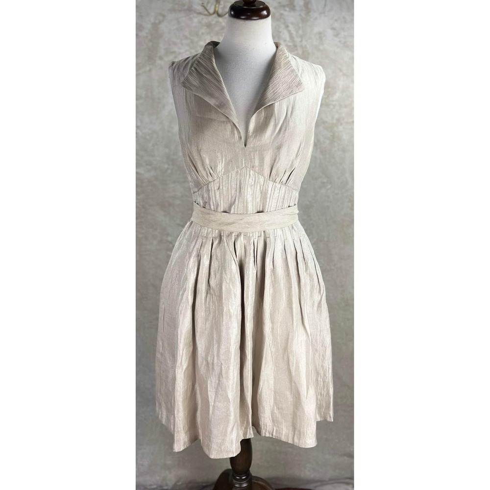 Maggy London Petite Champagne Metallic Pleated V-Neck Fit Flare Dress 12P